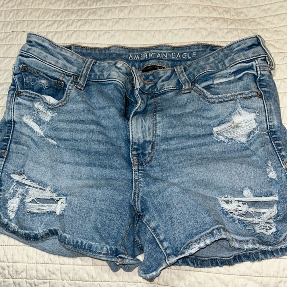 American Eagle, next level stretch, midi, jean shorts, fringe, distressed sz 12